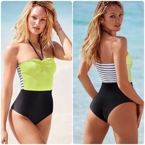 Victoria's Secret Vintage Lime and Black One Piece Color Block Swimsuit